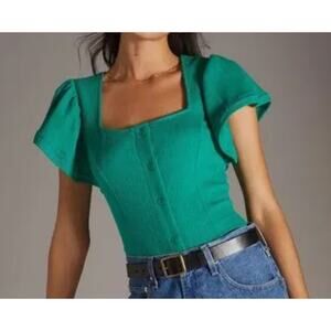 Dolan Blouse Size L Green Puff Sleeve Button Shirt Top Coquette Peasant